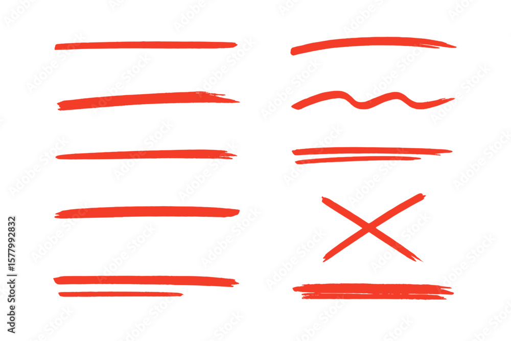 Fototapete red marker strokes set. hand drawn lines for underlining text. grunge brush paint stripes. highlight