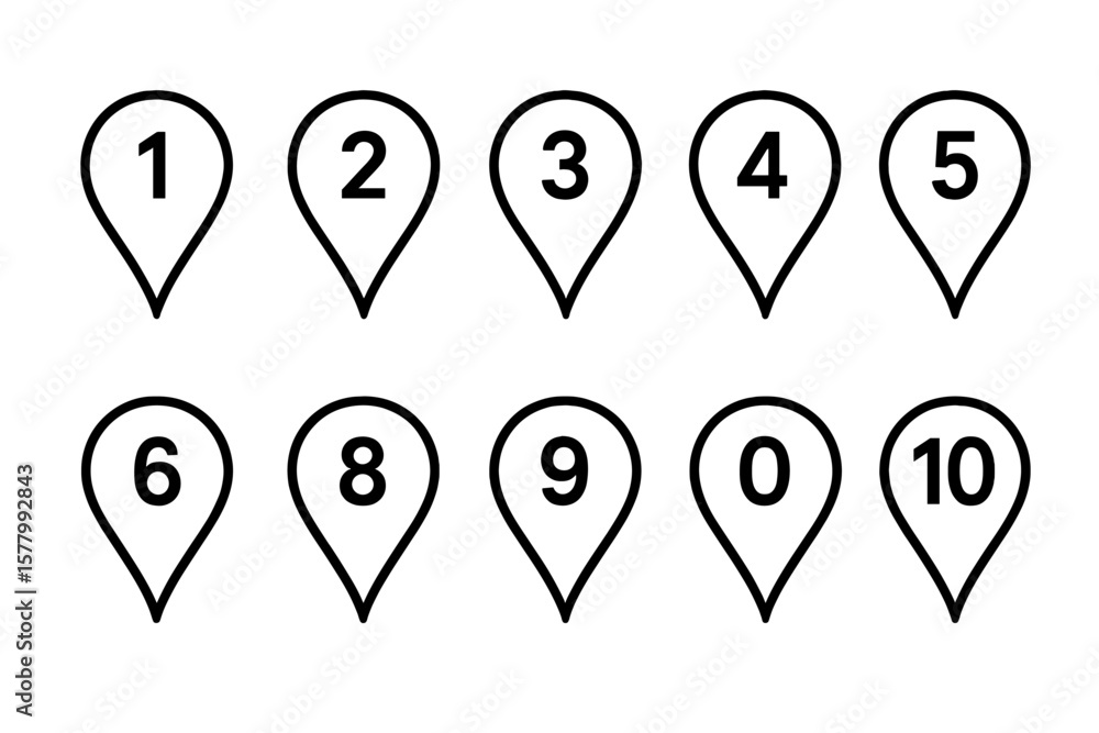 Fototapete location pin icon set with numbers. map marker pointer collection from 0 to 10 for navigation, gps, 