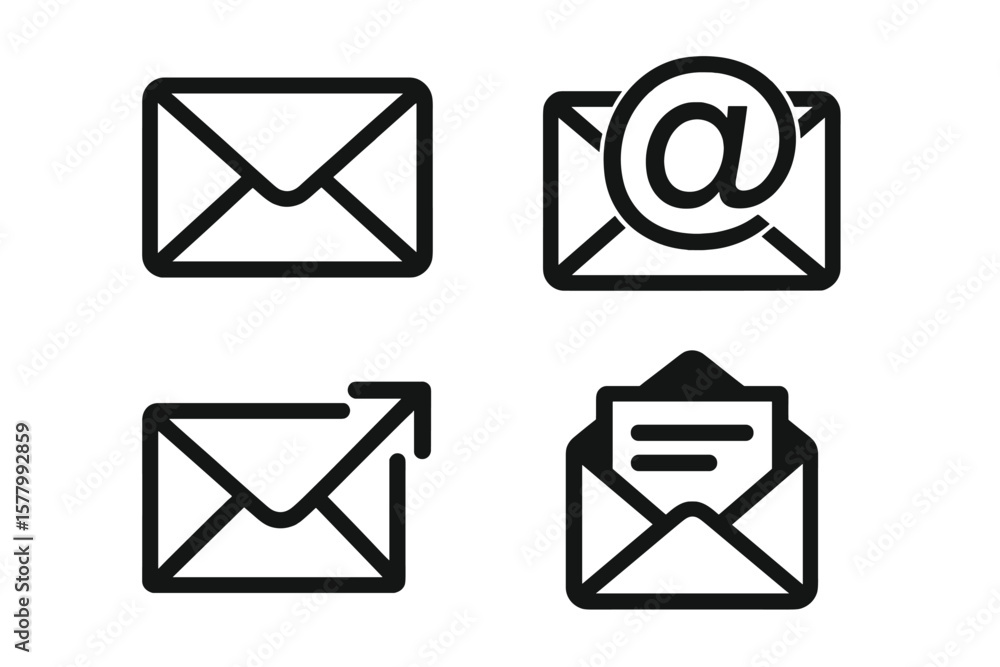 Poster mail and email icon set. vector envelope pictogram for communication. send, receive message concept.