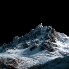 Dramatic snow-covered mountain peak against black background showcasing rugged rocky terrain and pristine white snowfields in alpine wilderness with free copy space for adventure tourism advertising