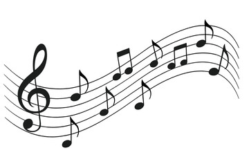 Music notes on a wavy staff. Treble clef symbol. Abstract musical melody background. Sound wave concept illustration. Song or symphony audio graphic design element vector.
