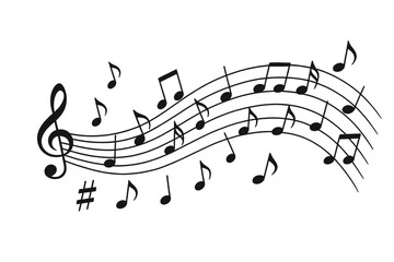 Musical notes on a flowing staff wave. Music notation with treble clef. Abstract melody sound background. Vector song or composition concept. Isolated sound element design.