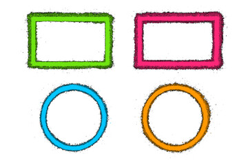 Neon grunge spray paint border frame set. Collection of colorful rectangle and circle shapes. Stencil graffiti design elements with splatter texture. Vector illustration.