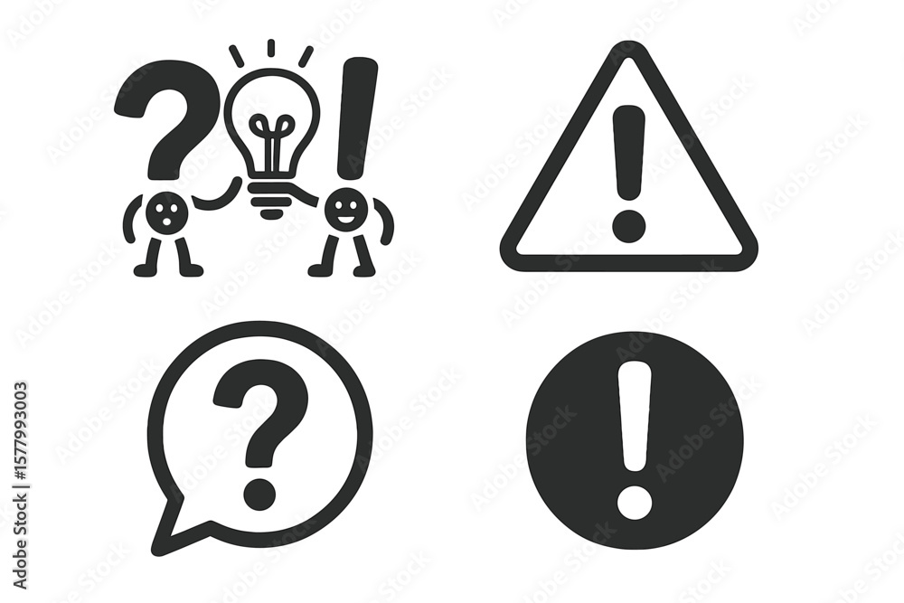 Poster question and exclamation mark icon set. finding answer, idea concept with lightbulb. problem and sol