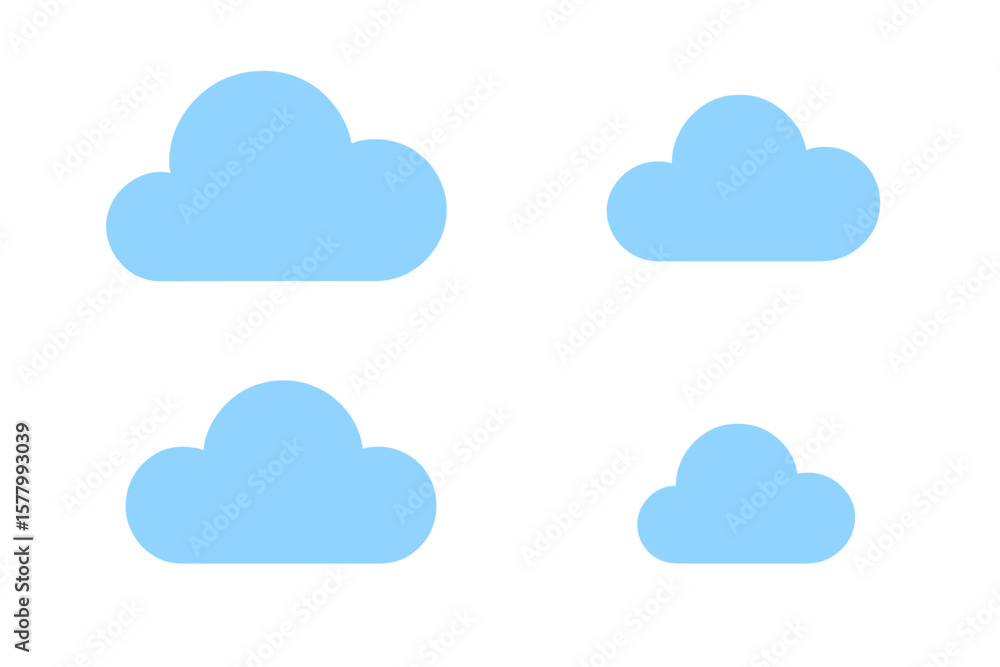 Poster set of blue cloud icons. cloudscape weather symbol. simple flat cartoon graphic. cloud computing tec