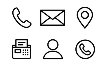 Set of basic contact icons. Communication button signs for web. Includes call, mail, address, fax, user profile, phone number symbols. Minimalist outline vector graphic.