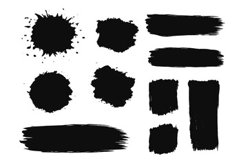 Set of black brush strokes. Grunge paint banners. Ink splash collection. Abstract textured shapes for design. Artistic dirty inkblot background. Vector illustration.