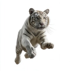 Fototapeta premium Majestic white Bengal tiger leaping forward against clean white background, powerful paws extended in mid-air motion, displaying strength and grace with intense gaze, free copy space for text