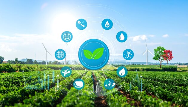 Sustainable farming, interconnected,  with wind turbines,  green leaves,  digital icons,  bright sunny day,  agriculture - Powered by Adobe