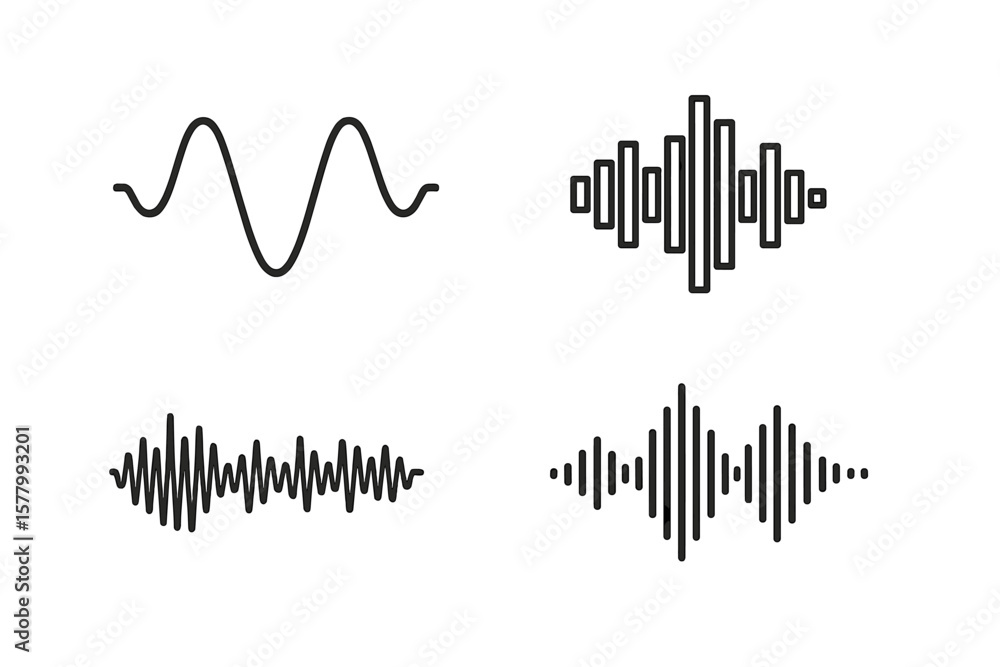 Poster modern sound wave icons set – audio waveform collection, digital and analog signal, music equalizer,