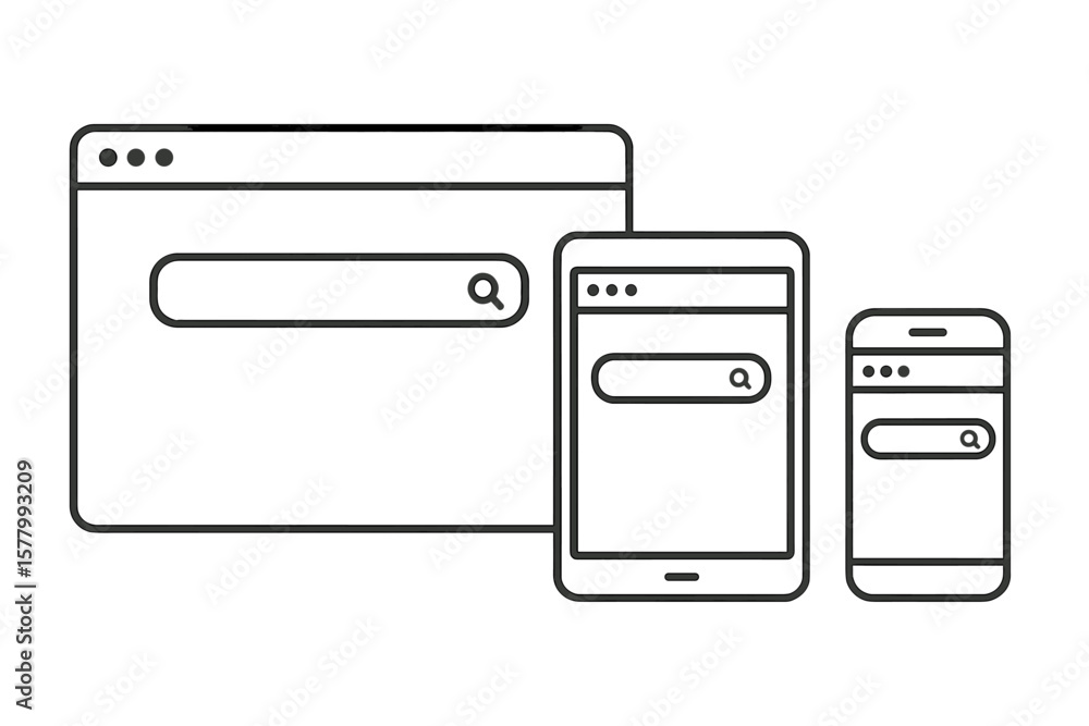 Poster responsive web browser window line art, flat design blank search page, internet search bar mockup on