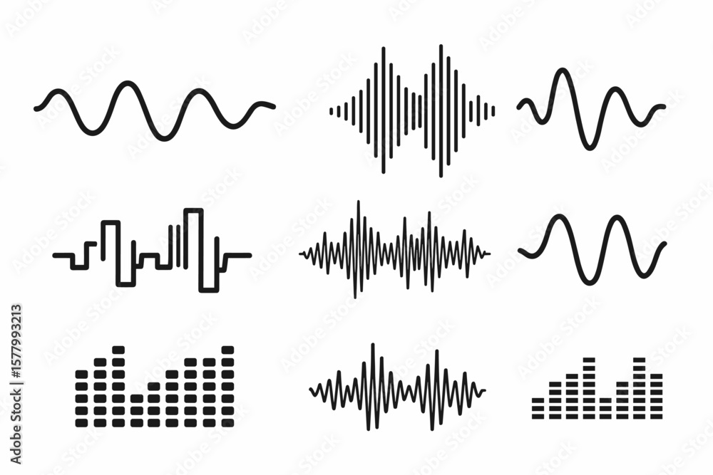 Poster audio waveform icon set. music sound waves, digital and analog waveforms, equalizer, electronic sign
