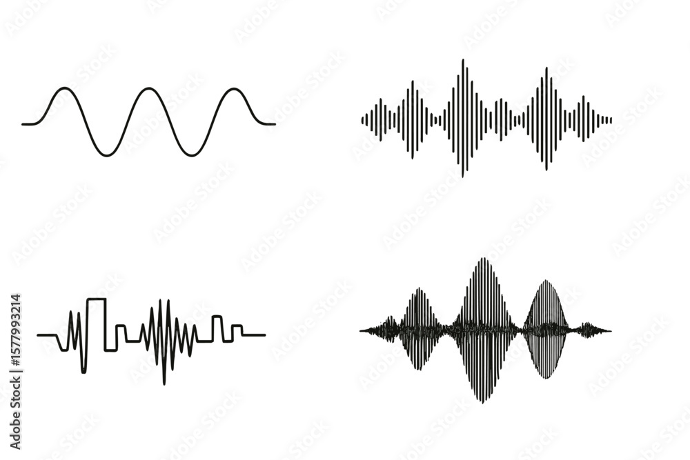 Aufkleber modern sound waveforms collection – digital and analog audio signals, music wave shapes, electronic 