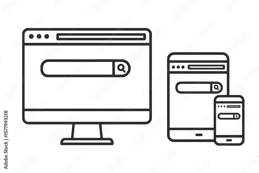Poster minimalist line art browser window mockup. blank web page search bar interface on desktop computer, 