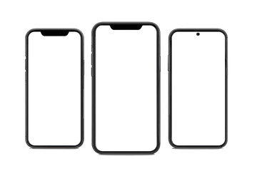 Modern Smartphone Set Isolated on White Background. 3D Realistic Mobile Phone Mockup Collection. Three Front View Smartphones with Blank Screens. Technology Device Template.