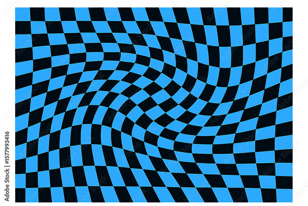 Poster abstract wavy checkered pattern background. optical illusion hypnotic effect. black and blue distort
