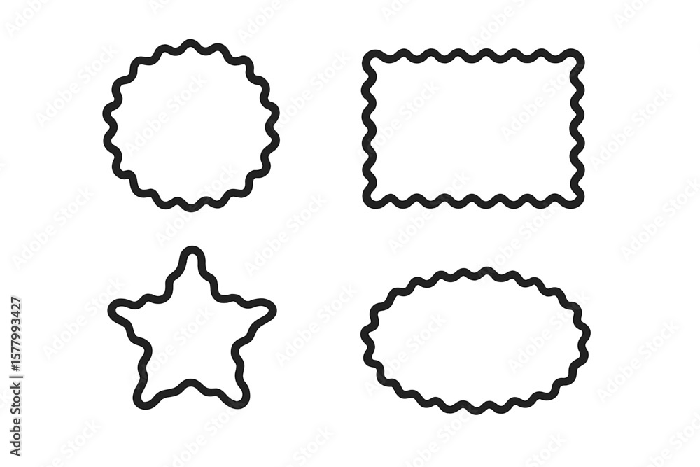 Poster wavy circular, rectangular, star, oval shape elements set. scalloped borders, squiggly frames, decor