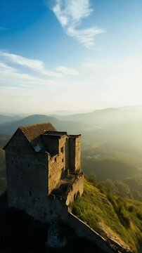 Ancient Hilltop Castle at Sunset &ndash; Aerial View Over European Mountains