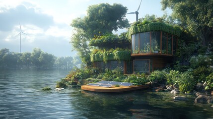 Lush verdant ecohome with solar panels on a lake