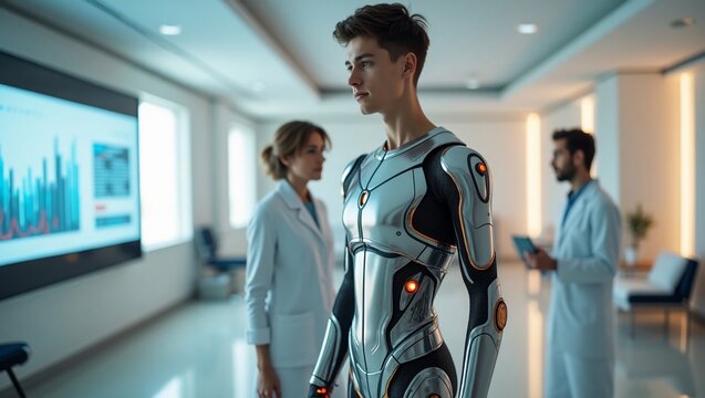 Cyborg Teen with Scientists, and Lab. - Powered by Adobe