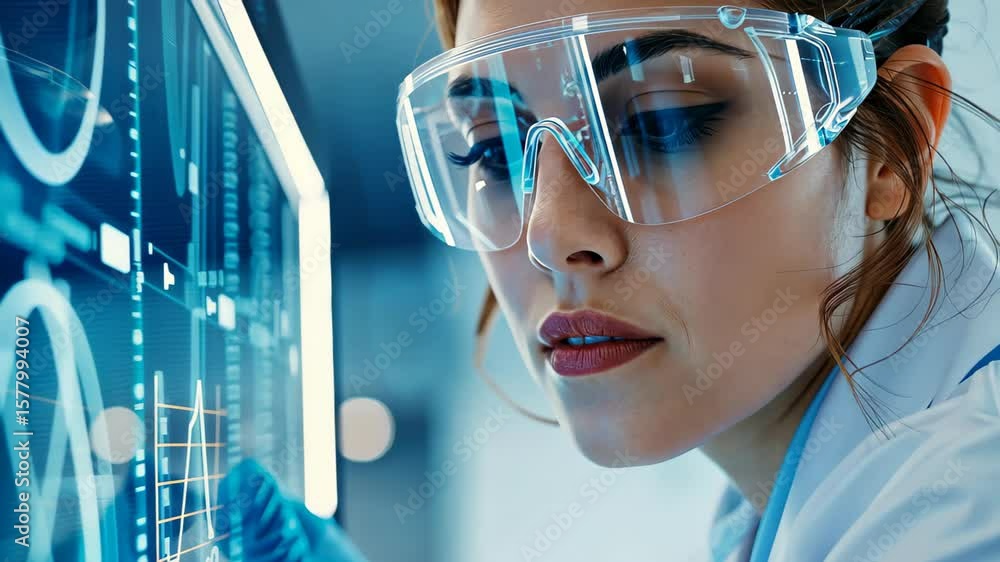 Poster scientist with high-tech goggles: an eye-level shot shows a scientist intently examining a futuristi