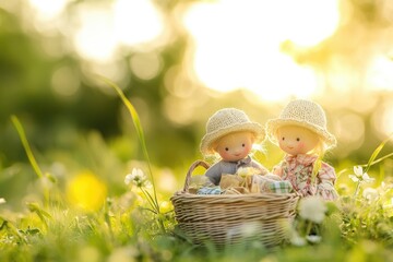 Two adorable dolls in straw hats enjoy a picnic in a sunny meadow.