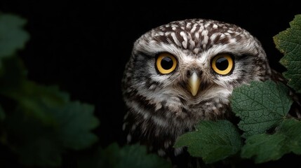 Fototapeta premium Cute little owl with large yellow eyes peeking from behind green leaves against a black background, showcasing curiosity and wildlife in dramatic lighting.