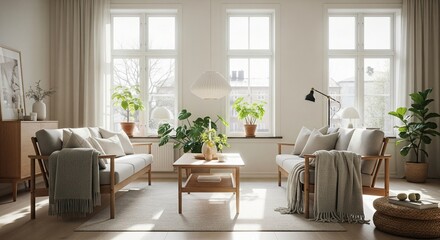 Bright minimalist living room with sunlight casting through large windows