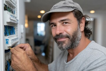 A skilled technician with a friendly smile works on wiring systems, showcasing a mix of experience and approachability essential for trusting relationships in technical fields.