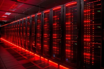 Showcasing a modern data center aisle with server cabinets, led indicators, and digital enhancements