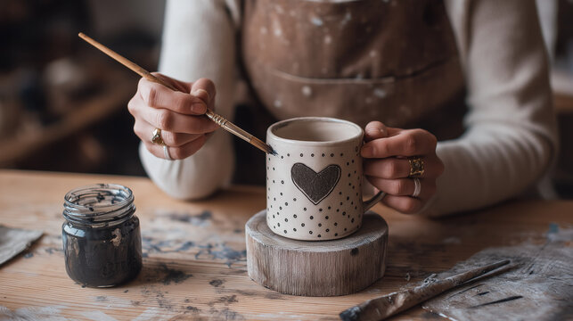 Potter painting heart on handcrafted mug, perfect for Valentines Day, pottery shops, handmade gifts, ceramic art demonstrations, and artisans.