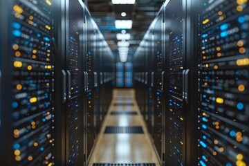 Data center aisle featuring server cabinets with blinking leds and digital overlays for technology