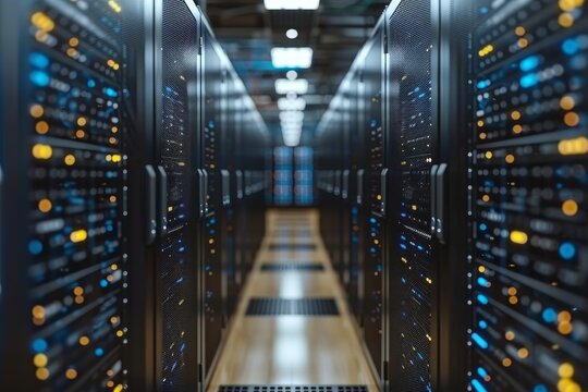 Data center aisle featuring server cabinets with blinking leds and digital overlays for technology