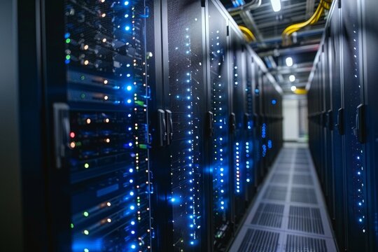 Illuminated data center aisle showcasing server cabinets with led indicators and digital interfaces