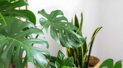 Lush Green Indoor Plants Monstera Deliciosa and Snake Plant