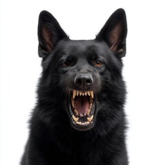 Aggressive black German Shepherd dog with bared teeth and sharp fangs against white background, showing protective guard dog behavior in professional pet photography