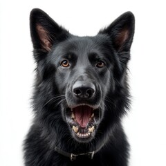 Fototapeta premium Alert black German Shepherd with mouth open against white background, showing attentive expression with amber eyes and pointed ears in professional pet portrait free copy space for text