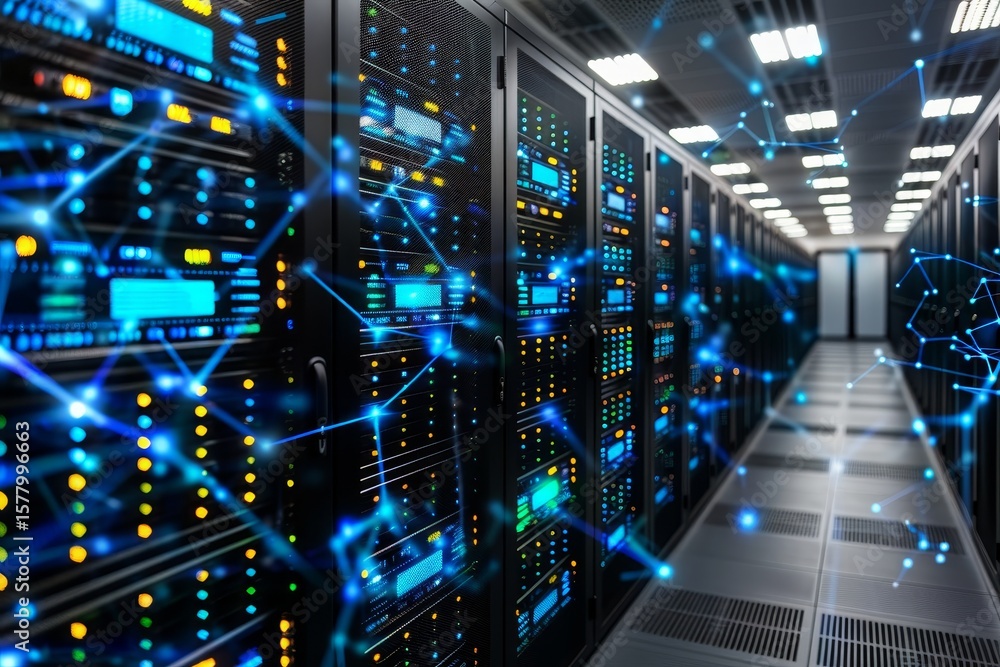 Aufkleber high tech data center aisle with server cabinets, blinking leds, and digital overlays for automation
