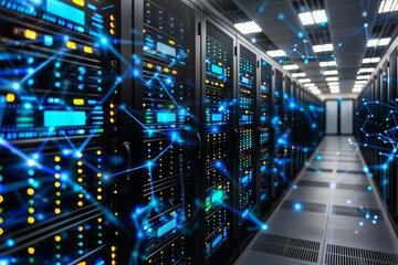 High tech data center aisle with server cabinets, blinking leds, and digital overlays for automation