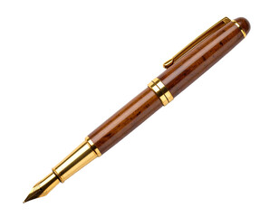 Elegant wooden fountain pen with gold nib on transparent background