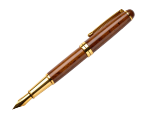 Elegant wooden fountain pen with gold nib on transparent background