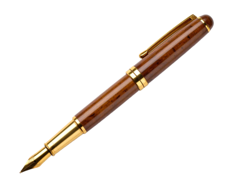 Elegant wooden fountain pen with gold nib on transparent background