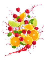 Fresh fruit slices, ice cubes and mint leaves splashing with juice on transparent background