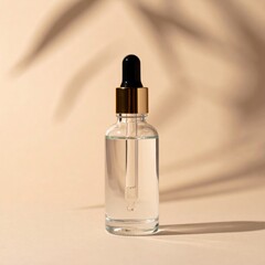 Naklejka premium Elegant Clear Serum Bottle with Gold Accent on Beige Background and Leaf Shadow