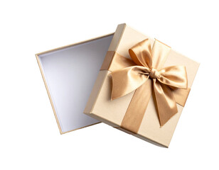 Open gift box with golden ribbon on transparent background