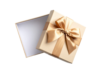 Open gift box with golden ribbon on transparent background