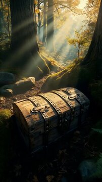 Sun Rays on Ancient Treasure Chest in Magical Forest