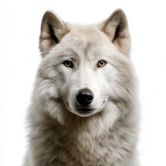 Obraz premium Majestic white wolf portrait with amber eyes looking directly at camera against clean white background, perfect for wildlife conservation awareness or animal photography free copy space