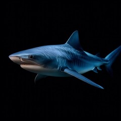 Naklejka premium Powerful blue shark swimming in dark ocean depths against black background, detailed marine predator with distinctive dorsal fin and sleek body in underwater photography