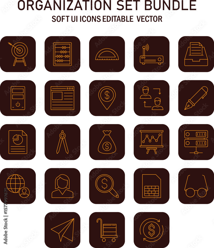 Poster diverse organization and office icon set, brown themed soft ui editable vector bundle for software a